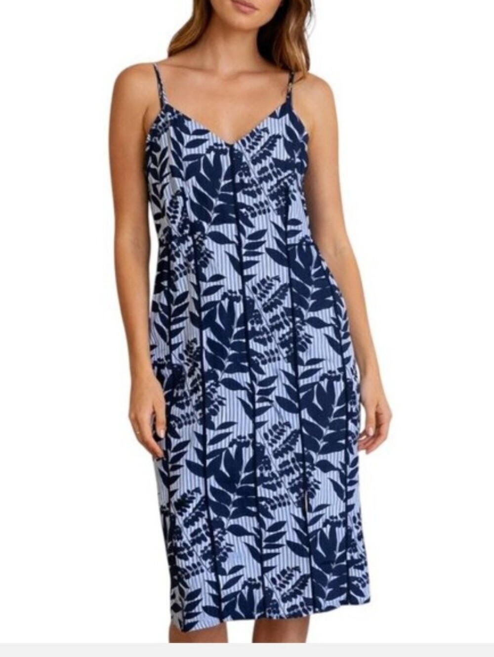 Bananna Republic Blue Striped Leaf Cami A-line Dress Midi Sz 4 Sleeveless Midi*